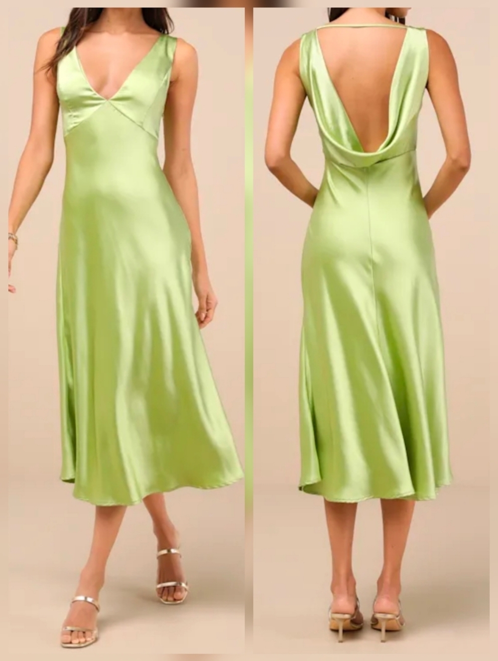Lulus Incredible Love Lime Green Satin Cowl Back Midi Slip Dress, Medium, NWT! - Picture 1 of 15